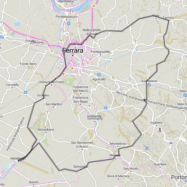 Miniatua del mapa de inspiración ciclista "Ruta por carretera a Palazzo Bentivoglio y Marrara" en Emilia-Romagna, Italy. Generado por Tarmacs.app planificador de rutas ciclistas