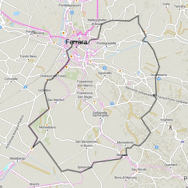 Miniatura della mappa di ispirazione al ciclismo "Esplorazione Storica tra Chiesuol del Fosso e Spinazzino" nella regione di Emilia-Romagna, Italy. Generata da Tarmacs.app, pianificatore di rotte ciclistiche