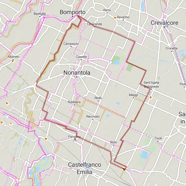 Miniature de la carte de l'inspiration cycliste "Parcours à vélo sur gravier autour de Manzolino" dans la Emilia-Romagna, Italy. Générée par le planificateur d'itinéraire cycliste Tarmacs.app