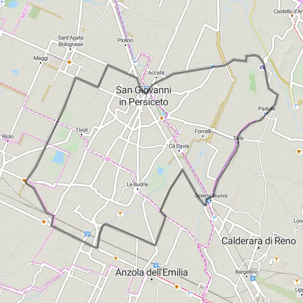 Map miniature of "Road Route 3: San Giovanni in Persiceto Circuit" cycling inspiration in Emilia-Romagna, Italy. Generated by Tarmacs.app cycling route planner