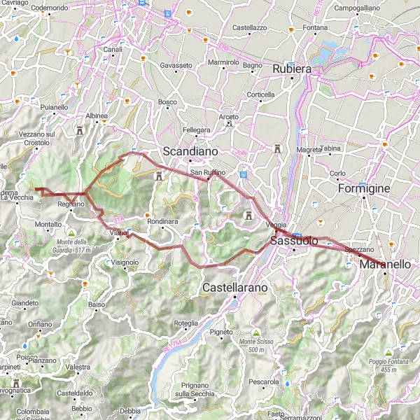 Karten-Miniaturansicht der Radinspiration "Gravelabenteuer in der Nähe von Maranello" in Emilia-Romagna, Italy. Erstellt vom Tarmacs.app-Routenplaner für Radtouren