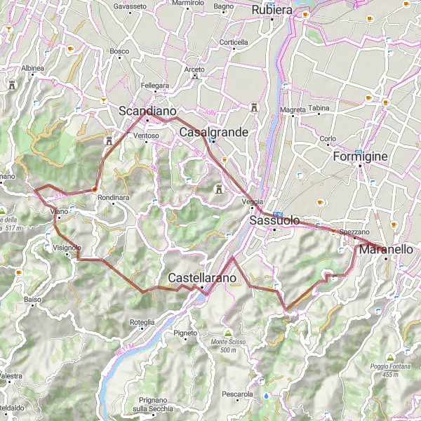 Zemljevid v pomanjšavi "Gorsko kolesarjenje okoli Monte del Gesso" kolesarske inspiracije v Emilia-Romagna, Italy. Generirano z načrtovalcem kolesarskih poti Tarmacs.app