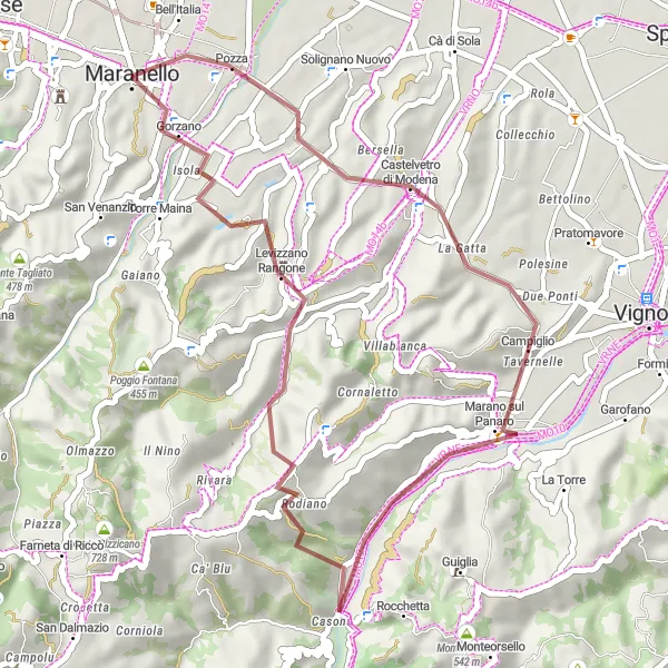 Miniatua del mapa de inspiración ciclista "Ruta de los caminos de grava de Emilia" en Emilia-Romagna, Italy. Generado por Tarmacs.app planificador de rutas ciclistas