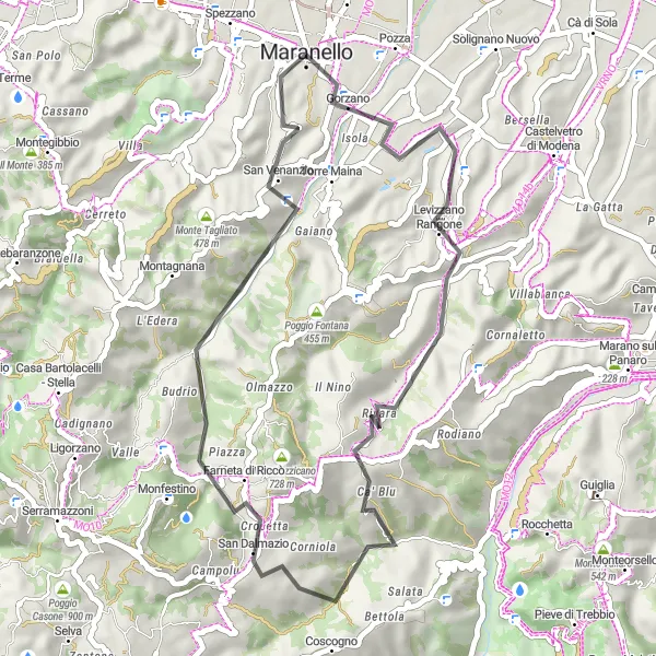 Zemljevid v pomanjšavi "Cestna tura skozi Monte Cornazzano" kolesarske inspiracije v Emilia-Romagna, Italy. Generirano z načrtovalcem kolesarskih poti Tarmacs.app