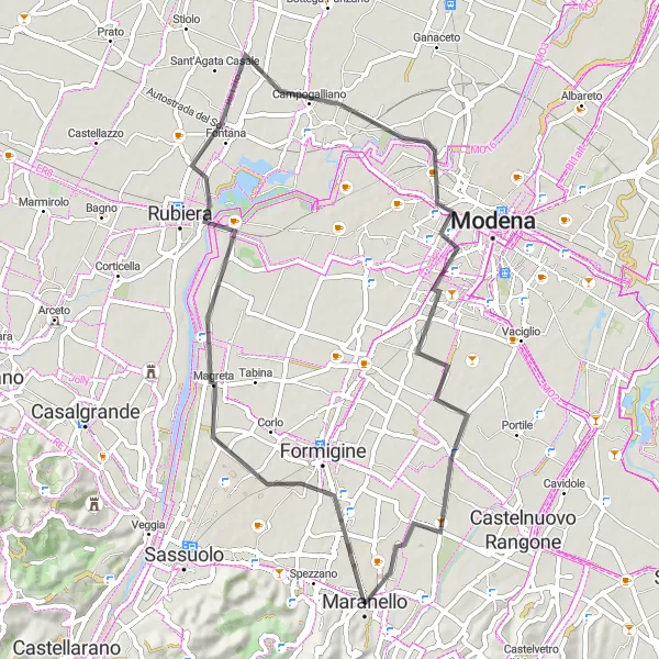 Map miniature of "Mellow Ride through Campogalliano" cycling inspiration in Emilia-Romagna, Italy. Generated by Tarmacs.app cycling route planner