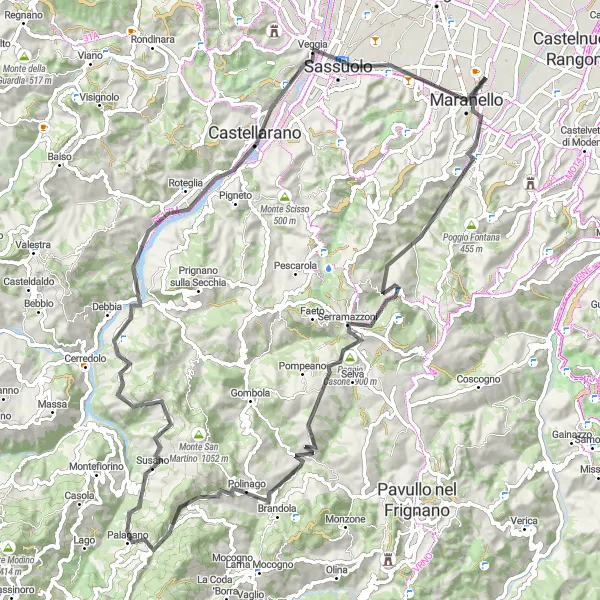Zemljevid v pomanjšavi "Cikel pot okoli Maranella - Monte Bianco" kolesarske inspiracije v Emilia-Romagna, Italy. Generirano z načrtovalcem kolesarskih poti Tarmacs.app