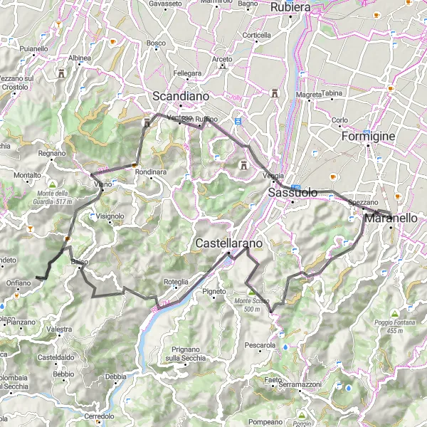 Map miniature of "Spezzano to Sassuolo Road Trip" cycling inspiration in Emilia-Romagna, Italy. Generated by Tarmacs.app cycling route planner