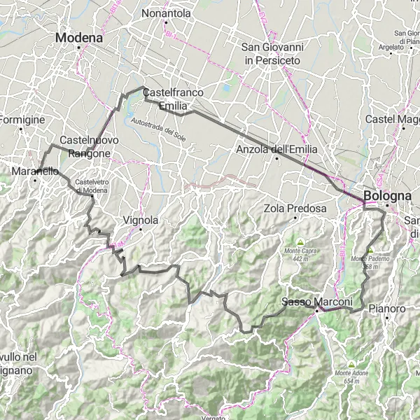 Map miniature of "Castelnuovo Rangone to Bologna Adventure" cycling inspiration in Emilia-Romagna, Italy. Generated by Tarmacs.app cycling route planner