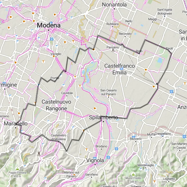 Map miniature of "Maranello to Montale Rangone Loop" cycling inspiration in Emilia-Romagna, Italy. Generated by Tarmacs.app cycling route planner