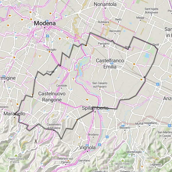 Karttaminiaatyyri "Maranello - Montale Rangone - Panzano - Castelvetro di Modena - Gorzano Loop" pyöräilyinspiraatiosta alueella Emilia-Romagna, Italy. Luotu Tarmacs.app pyöräilyreittisuunnittelijalla