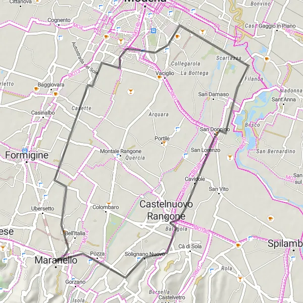 Map miniature of "Maranello to San Donnino Loop" cycling inspiration in Emilia-Romagna, Italy. Generated by Tarmacs.app cycling route planner