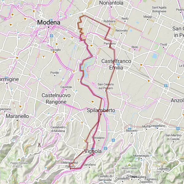 Miniature de la carte de l'inspiration cycliste "Les sentiers gravel de l'Émilie-Romagne" dans la Emilia-Romagna, Italy. Générée par le planificateur d'itinéraire cycliste Tarmacs.app