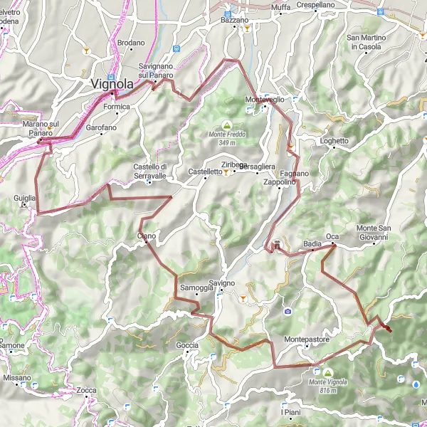 Karttaminiaatyyri "Gravel Tour de Marano sul Panaro" pyöräilyinspiraatiosta alueella Emilia-Romagna, Italy. Luotu Tarmacs.app pyöräilyreittisuunnittelijalla