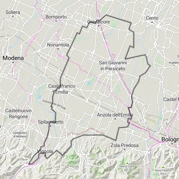 Map miniature of "Marano sul Panaro Loop" cycling inspiration in Emilia-Romagna, Italy. Generated by Tarmacs.app cycling route planner