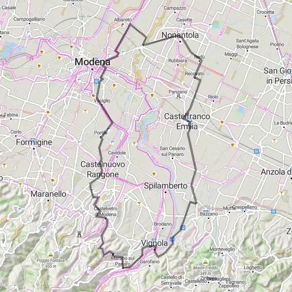 Miniatura della mappa di ispirazione al ciclismo "Giro in bicicletta verso Castelnuovo Rangone" nella regione di Emilia-Romagna, Italy. Generata da Tarmacs.app, pianificatore di rotte ciclistiche