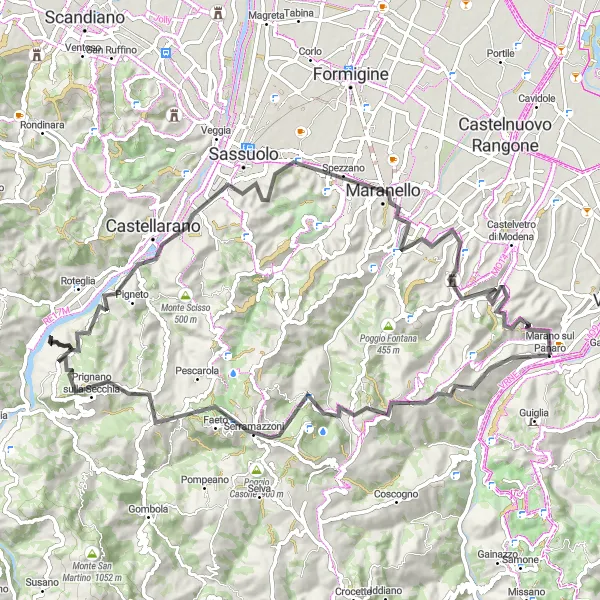 Miniatua del mapa de inspiración ciclista "Ruta de ciclismo de 86 km desde Marano sul Panaro" en Emilia-Romagna, Italy. Generado por Tarmacs.app planificador de rutas ciclistas