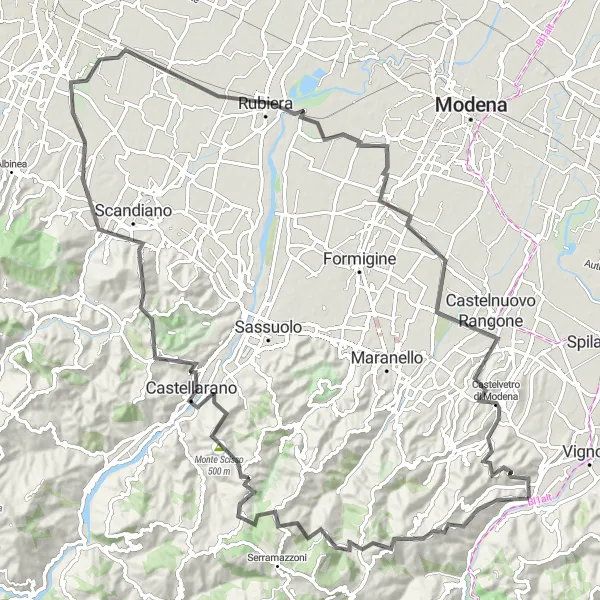 Map miniature of "Scenic Emilia-Romagna Journey" cycling inspiration in Emilia-Romagna, Italy. Generated by Tarmacs.app cycling route planner