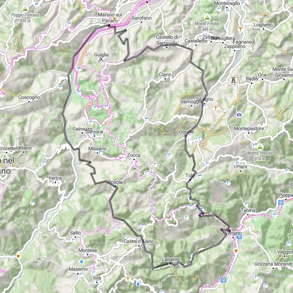 Map miniature of "Castles and Mountains" cycling inspiration in Emilia-Romagna, Italy. Generated by Tarmacs.app cycling route planner