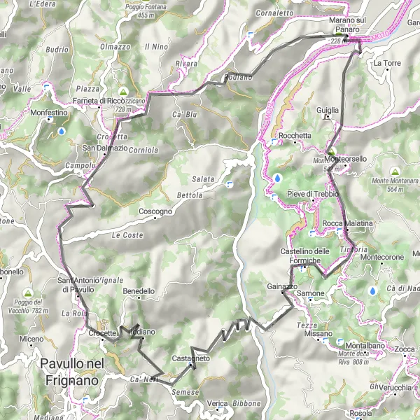 Map miniature of "Hills and Villages" cycling inspiration in Emilia-Romagna, Italy. Generated by Tarmacs.app cycling route planner