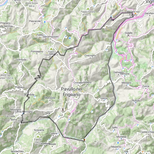 Kartminiatyr av "Eventyr på landeveien rundt Marano sul Panaro" sykkelinspirasjon i Emilia-Romagna, Italy. Generert av Tarmacs.app sykkelrutoplanlegger