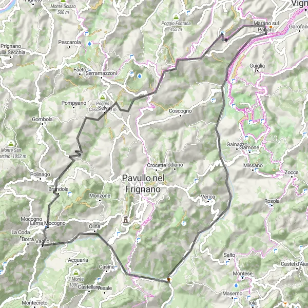 Miniatura della mappa di ispirazione al ciclismo "Avventura in bicicletta tra natura e tradizione" nella regione di Emilia-Romagna, Italy. Generata da Tarmacs.app, pianificatore di rotte ciclistiche