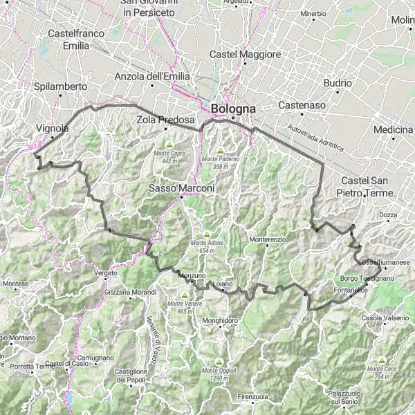 Mapa miniatúra "Okruhová cyklistická trasa cez kopce" cyklistická inšpirácia v Emilia-Romagna, Italy. Vygenerované cyklistickým plánovačom trás Tarmacs.app