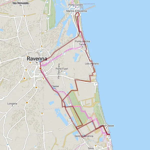 Miniature de la carte de l'inspiration cycliste "Tour de Gravel Porto Corsini" dans la Emilia-Romagna, Italy. Générée par le planificateur d'itinéraire cycliste Tarmacs.app