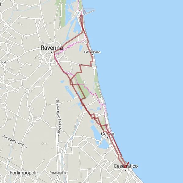 Miniatua del mapa de inspiración ciclista "Ruta de grava por la costa de Emilia-Romaña" en Emilia-Romagna, Italy. Generado por Tarmacs.app planificador de rutas ciclistas