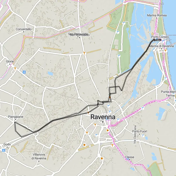 Zemljevid v pomanjšavi "Kolesarjenje po Rimini Rivieri" kolesarske inspiracije v Emilia-Romagna, Italy. Generirano z načrtovalcem kolesarskih poti Tarmacs.app