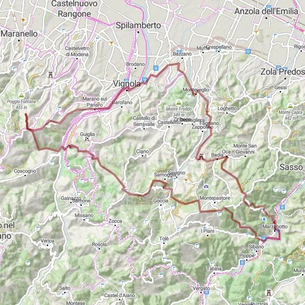 Miniaturekort af cykelinspirationen "Grusveje og naturskønne landskaber" i Emilia-Romagna, Italy. Genereret af Tarmacs.app cykelruteplanlægger