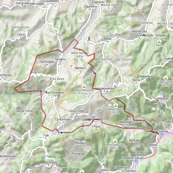 Karten-Miniaturansicht der Radinspiration "Kurze Graveltour durch die idyllische Landschaft von Emilia-Romagna" in Emilia-Romagna, Italy. Erstellt vom Tarmacs.app-Routenplaner für Radtouren