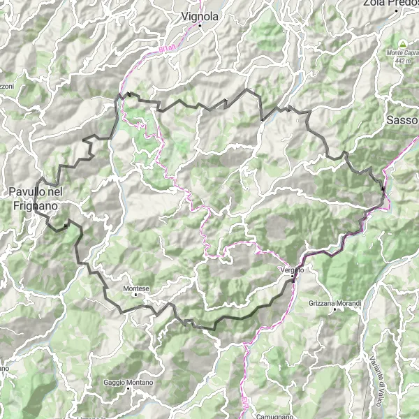 Miniature de la carte de l'inspiration cycliste "Sur les traces des Apennins, le défi cycliste ultime" dans la Emilia-Romagna, Italy. Générée par le planificateur d'itinéraire cycliste Tarmacs.app