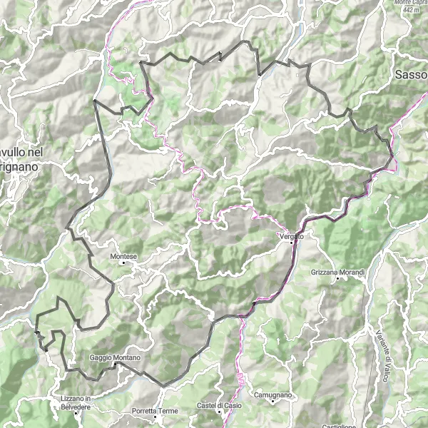 Map miniature of "Marzabotto Countryside Ride" cycling inspiration in Emilia-Romagna, Italy. Generated by Tarmacs.app cycling route planner