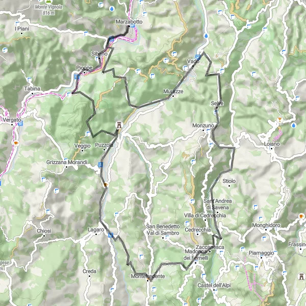 Miniatua del mapa de inspiración ciclista "Ruta corta pero desafiante: Monte Amato y Monte Salvaro" en Emilia-Romagna, Italy. Generado por Tarmacs.app planificador de rutas ciclistas