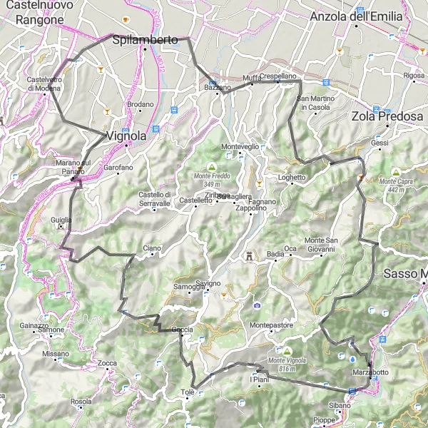 Map miniature of "Marzabotto Loop" cycling inspiration in Emilia-Romagna, Italy. Generated by Tarmacs.app cycling route planner