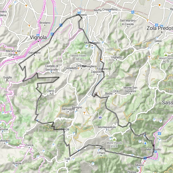 Miniatura della mappa di ispirazione al ciclismo "Giro in bicicletta da Marzabotto a Monte Bonsara" nella regione di Emilia-Romagna, Italy. Generata da Tarmacs.app, pianificatore di rotte ciclistiche