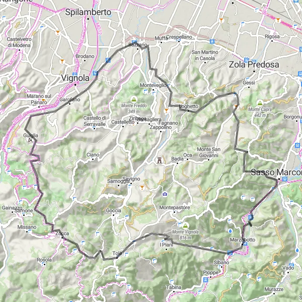 Map miniature of "Marzabotto Grande Tour" cycling inspiration in Emilia-Romagna, Italy. Generated by Tarmacs.app cycling route planner