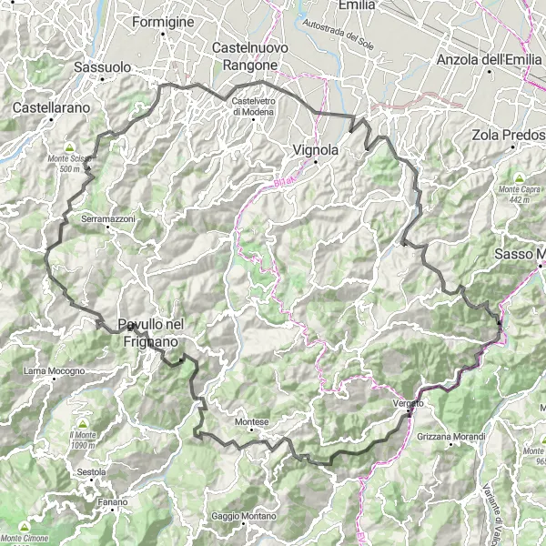 Miniaturekort af cykelinspirationen "Den store bjergtur på landevej" i Emilia-Romagna, Italy. Genereret af Tarmacs.app cykelruteplanlægger