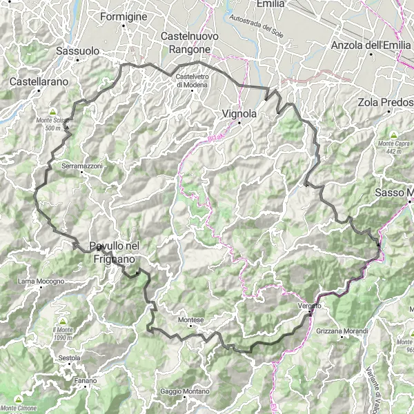 Karttaminiaatyyri "Maantiepyöräilyreitti Colle Guarda - Monte Bonsara" pyöräilyinspiraatiosta alueella Emilia-Romagna, Italy. Luotu Tarmacs.app pyöräilyreittisuunnittelijalla