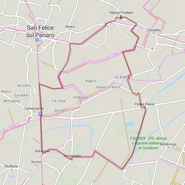 Miniatua del mapa de inspiración ciclista "Ruta de Ciclismo de Grava cerca de Massa Finalese" en Emilia-Romagna, Italy. Generado por Tarmacs.app planificador de rutas ciclistas