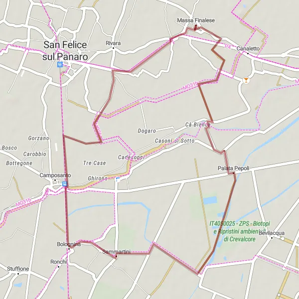 Miniatura della mappa di ispirazione al ciclismo "Giro in bici da ghiaia Palata Pepoli-Camposanto-Rivara" nella regione di Emilia-Romagna, Italy. Generata da Tarmacs.app, pianificatore di rotte ciclistiche