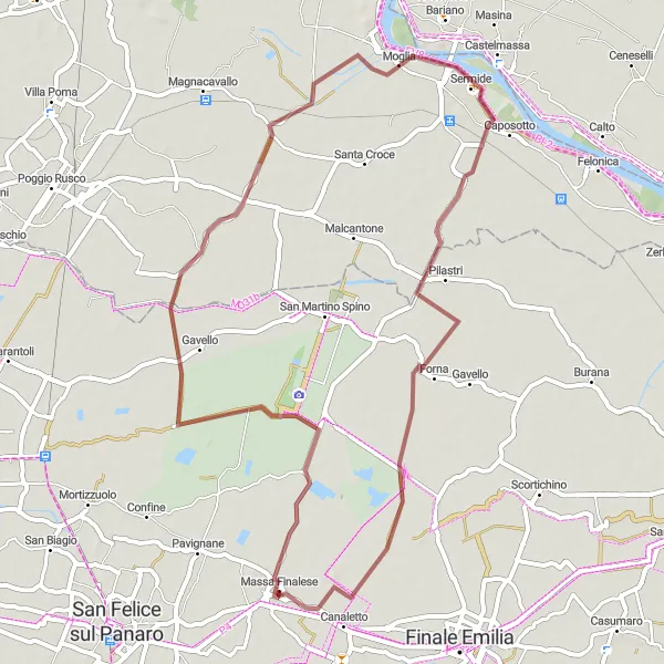Miniatua del mapa de inspiración ciclista "Ruta de Ciclismo de Grava por Barchessone Barbiere a Canaletto" en Emilia-Romagna, Italy. Generado por Tarmacs.app planificador de rutas ciclistas