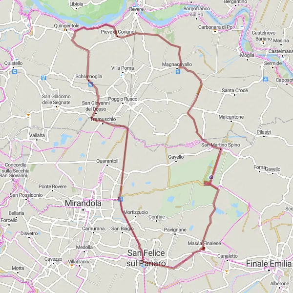 Miniatua del mapa de inspiración ciclista "Ruta de Ciclismo de Grava por San Felice sul Panaro a San Martino Spino" en Emilia-Romagna, Italy. Generado por Tarmacs.app planificador de rutas ciclistas