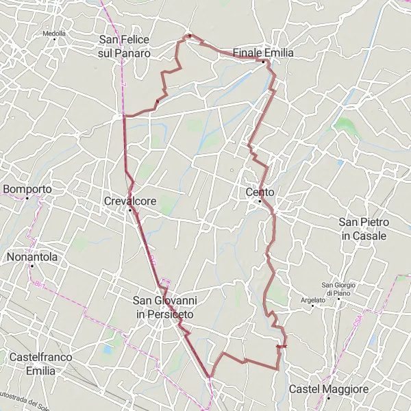 Miniatua del mapa de inspiración ciclista "Recorrido de ciclismo de grava hasta Cento desde Massa Finalese" en Emilia-Romagna, Italy. Generado por Tarmacs.app planificador de rutas ciclistas