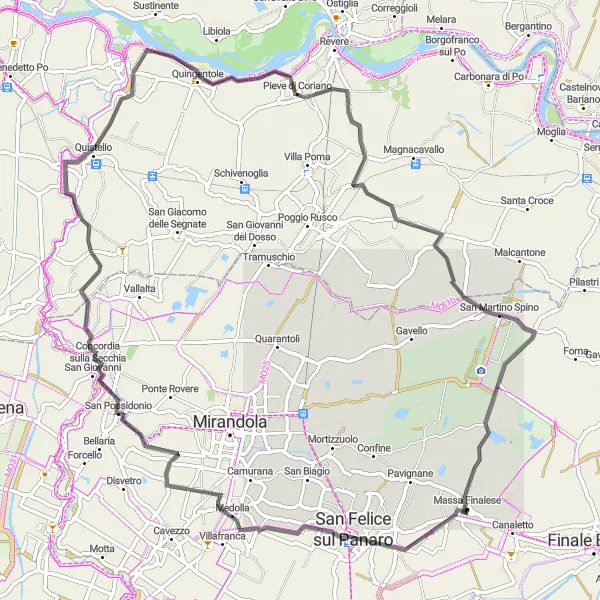 Miniatua del mapa de inspiración ciclista "Ruta de ciclismo de carretera alrededor de Massa Finalese" en Emilia-Romagna, Italy. Generado por Tarmacs.app planificador de rutas ciclistas