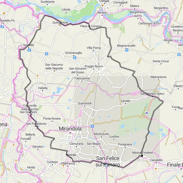 Zemljevid v pomanjšavi "Kolesarska tura Medolla-San Possidonio-Quistello-Pieve di Coriano-San Martino Spino" kolesarske inspiracije v Emilia-Romagna, Italy. Generirano z načrtovalcem kolesarskih poti Tarmacs.app