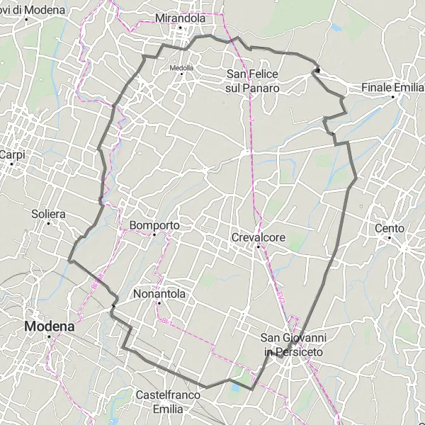 Zemljevid v pomanjšavi "Kolesarska pot po cesti v bližini Massa Finalese" kolesarske inspiracije v Emilia-Romagna, Italy. Generirano z načrtovalcem kolesarskih poti Tarmacs.app