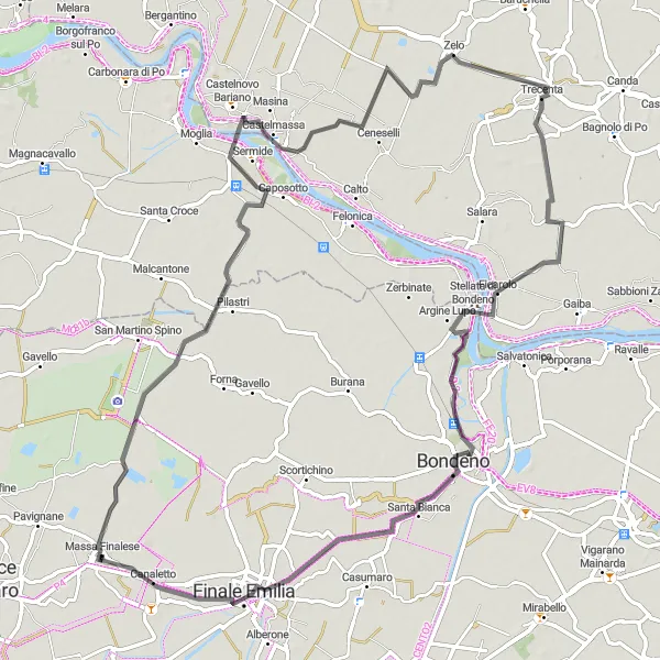 Miniaturní mapa "Cyklotrasa kolem města Massa Finalese" inspirace pro cyklisty v oblasti Emilia-Romagna, Italy. Vytvořeno pomocí plánovače tras Tarmacs.app