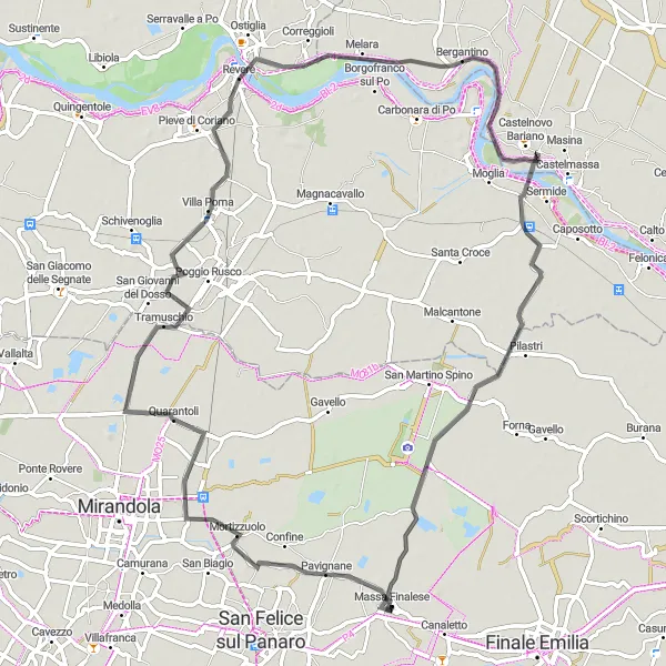 Miniatua del mapa de inspiración ciclista "Ruta de Ciclismo de Carretera alrededor de Massa Finalese" en Emilia-Romagna, Italy. Generado por Tarmacs.app planificador de rutas ciclistas