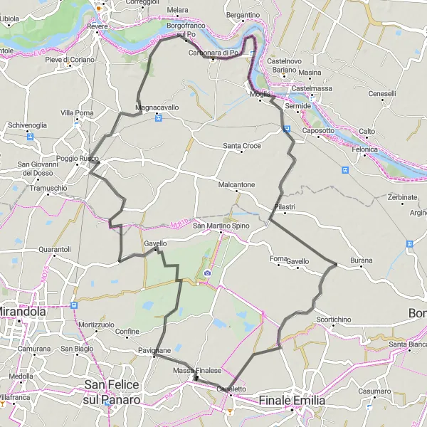 Miniatua del mapa de inspiración ciclista "Ruta de ciclismo de carretera desde Massa Finalese" en Emilia-Romagna, Italy. Generado por Tarmacs.app planificador de rutas ciclistas